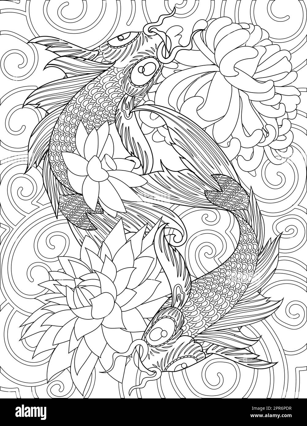 Due pesci di Koi che nuotano intorno ai fiori di loto disegno linea incolore. Foto Stock