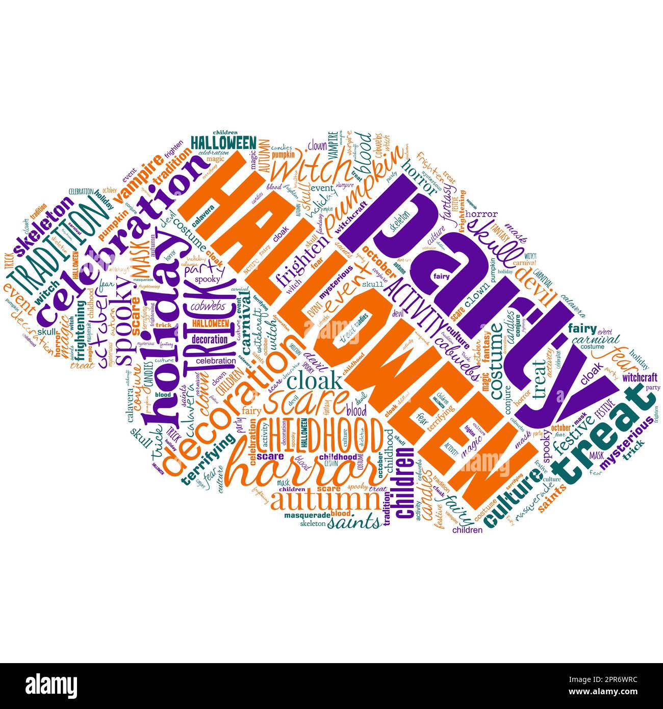 Nuvola di parole grandi con parola di Halloween. Ottobre 31 osservato soprattutto con vestirsi in travestimento Illustrazione Vettoriale