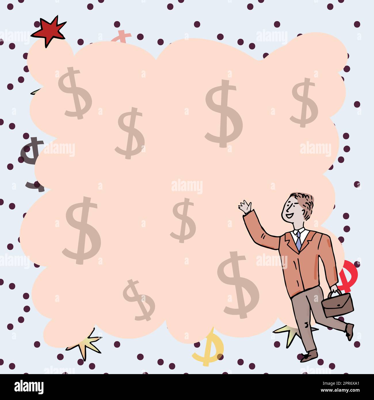 Uomo d'affari con Briefcase che presenta messaggi importanti con segni del dollaro in background. Uomo in tuta pensare Cruial informazioni. Ragionamento esecutivo nuove idee. Foto Stock