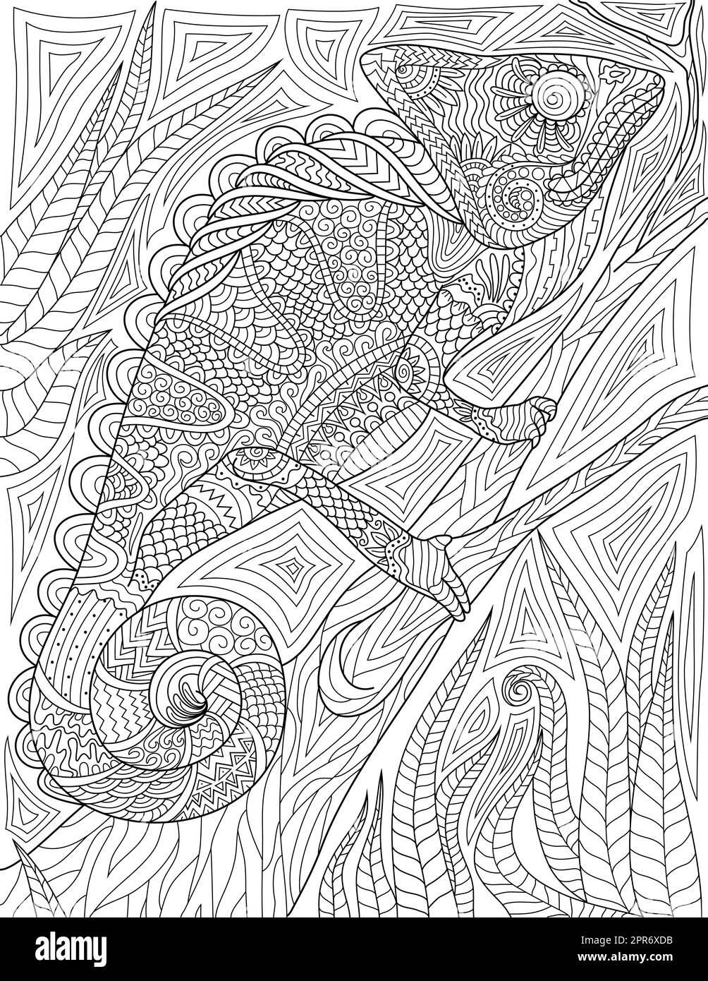 Colorare la pagina del libro con Iguana arrampicata su albero con sfondo dettagliato. Foglio da colorare con lucertola che scorre su legno. Chameleon salendo su Timber. Foto Stock