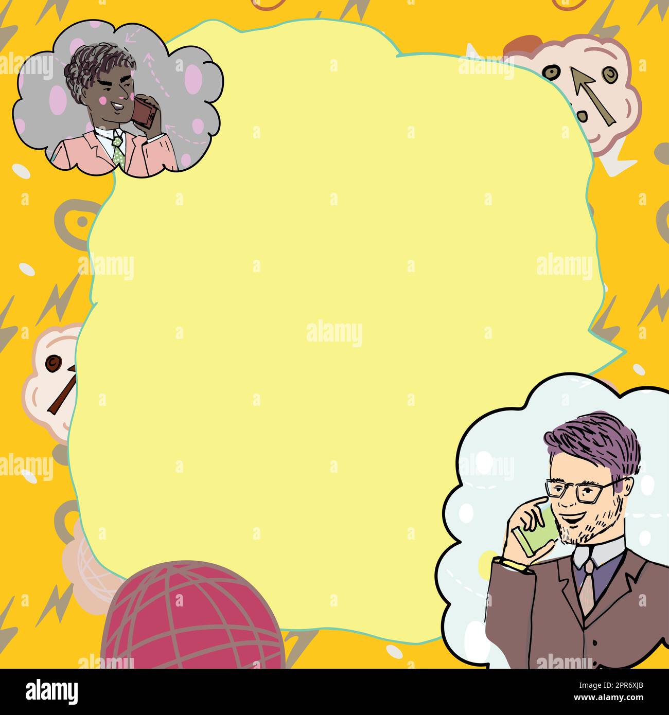 Uomini d'affari che parlano sui telefoni cellulari e presentano idee importanti. Uomini che parlano su cellulari e mostrano le informazioni Cruziali. Dirigenti che visualizzati nuovi dati. Foto Stock