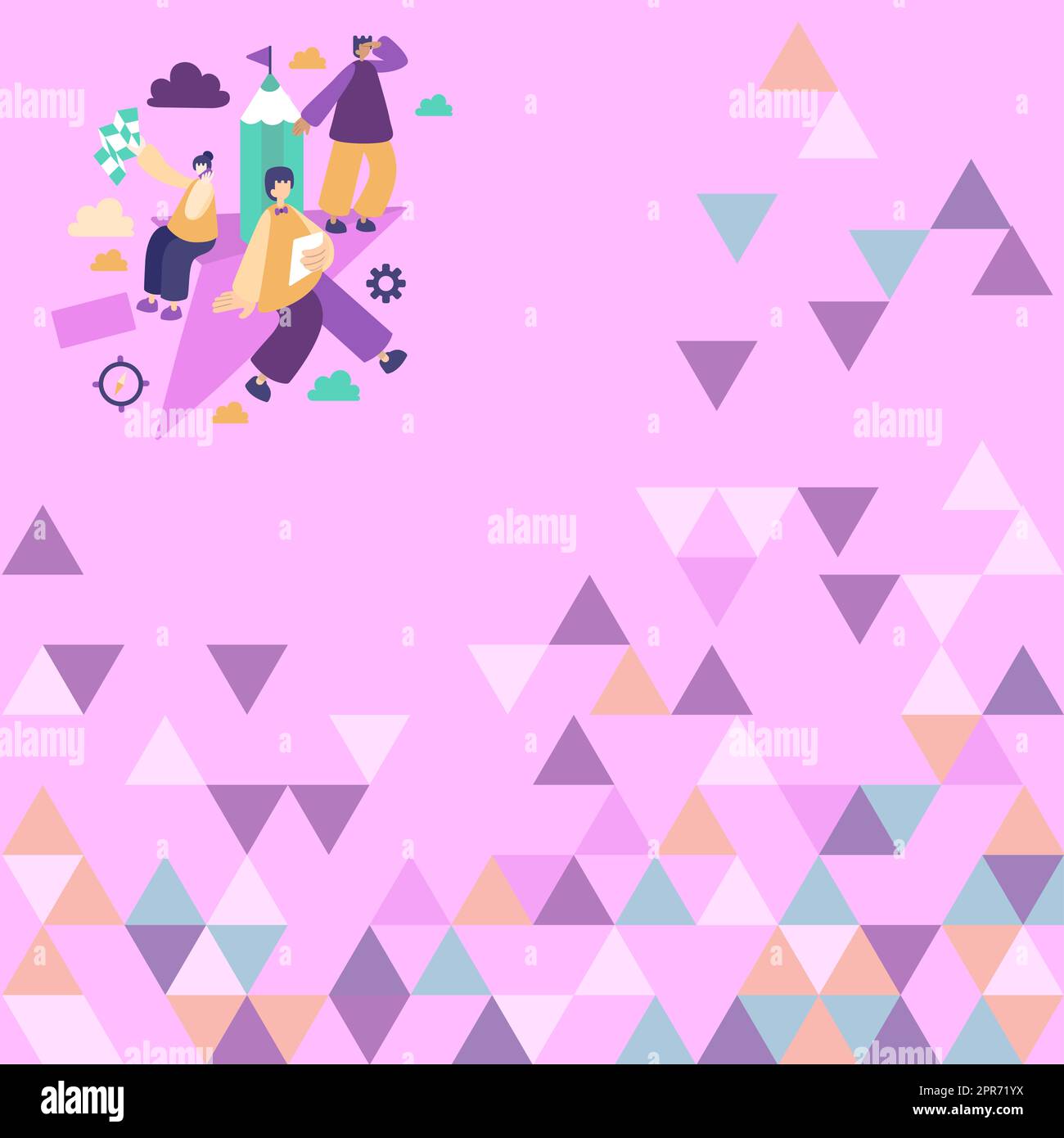 Tre dipendenti che lavorano insieme attività separate nei cloud. Uomini d'affari che svolgono attività diverse nel cielo. I dirigenti finiscono il loro lavoro. Foto Stock