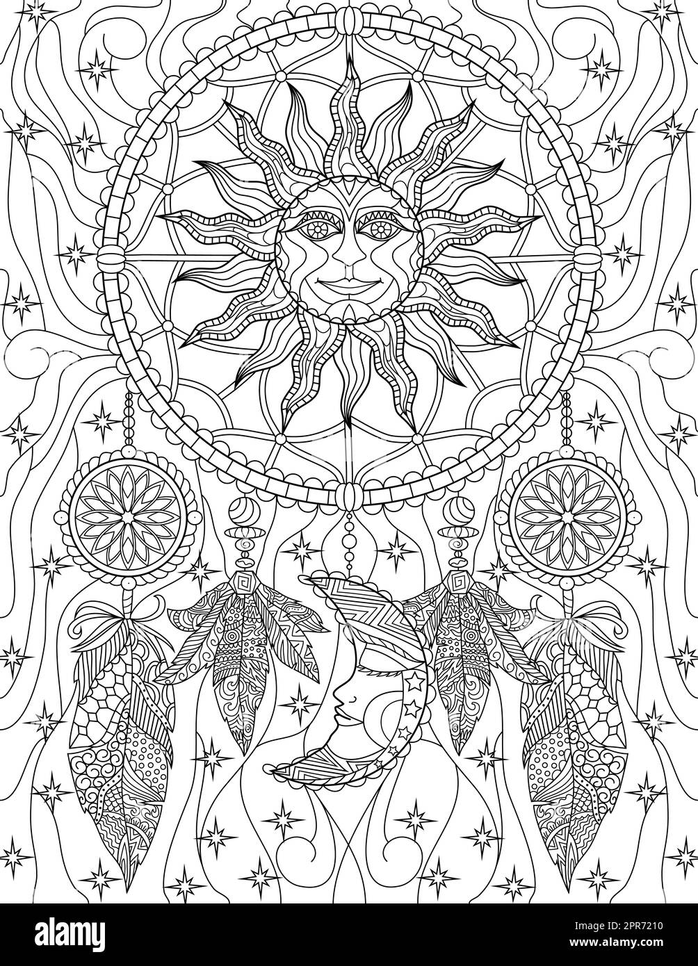 Pagina del libro da colorare con Dreamcatcher con dettagli su Sole e Luna. Foglio da colorare con gancio di salice fatto a mano con piume appese e sfondo luminoso. Foto Stock