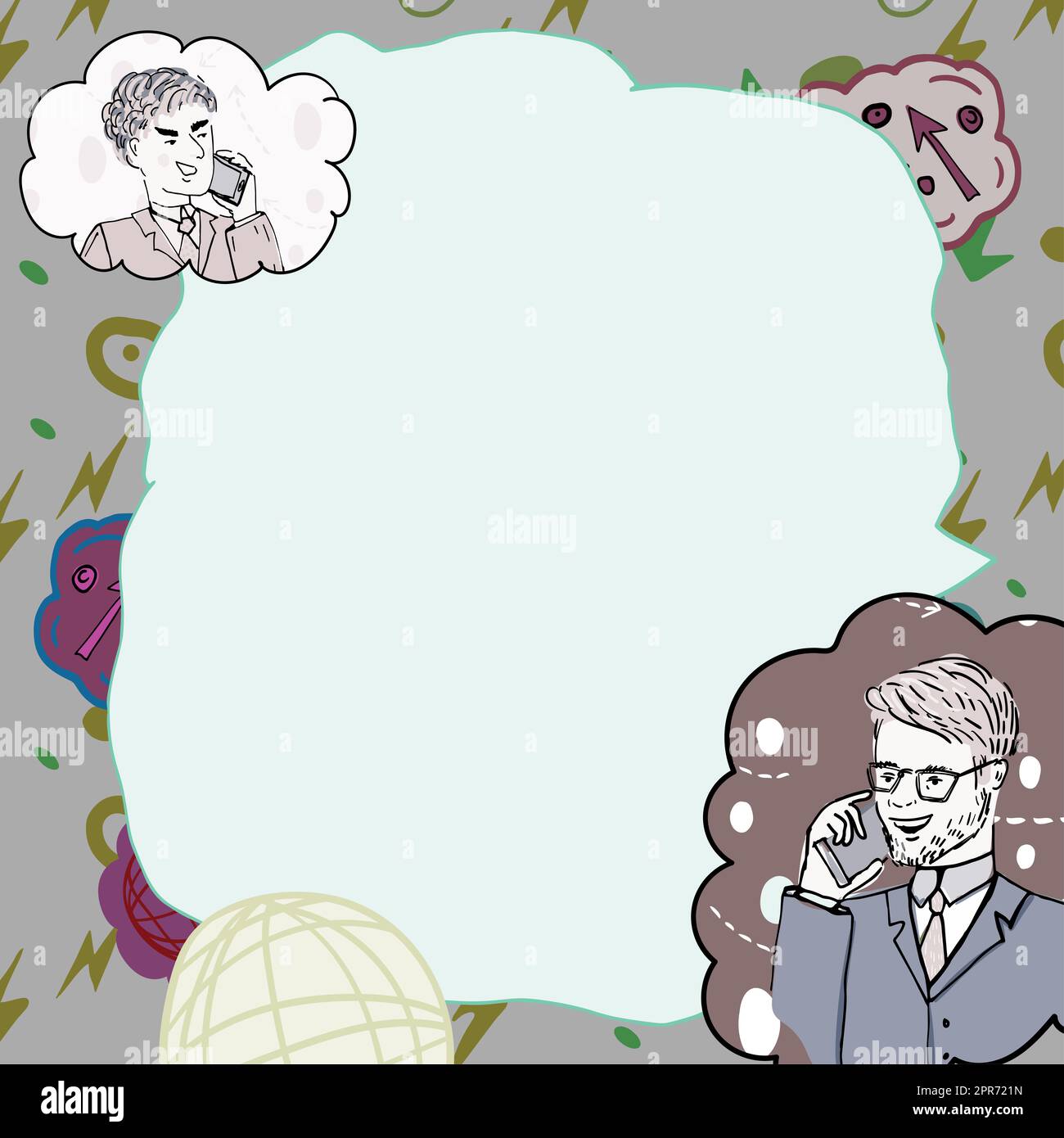 Uomini d'affari che parlano sui telefoni cellulari e presentano idee importanti. Uomini che parlano su cellulari e mostrano le informazioni Cruziali. Dirigenti che visualizzati nuovi dati. Foto Stock