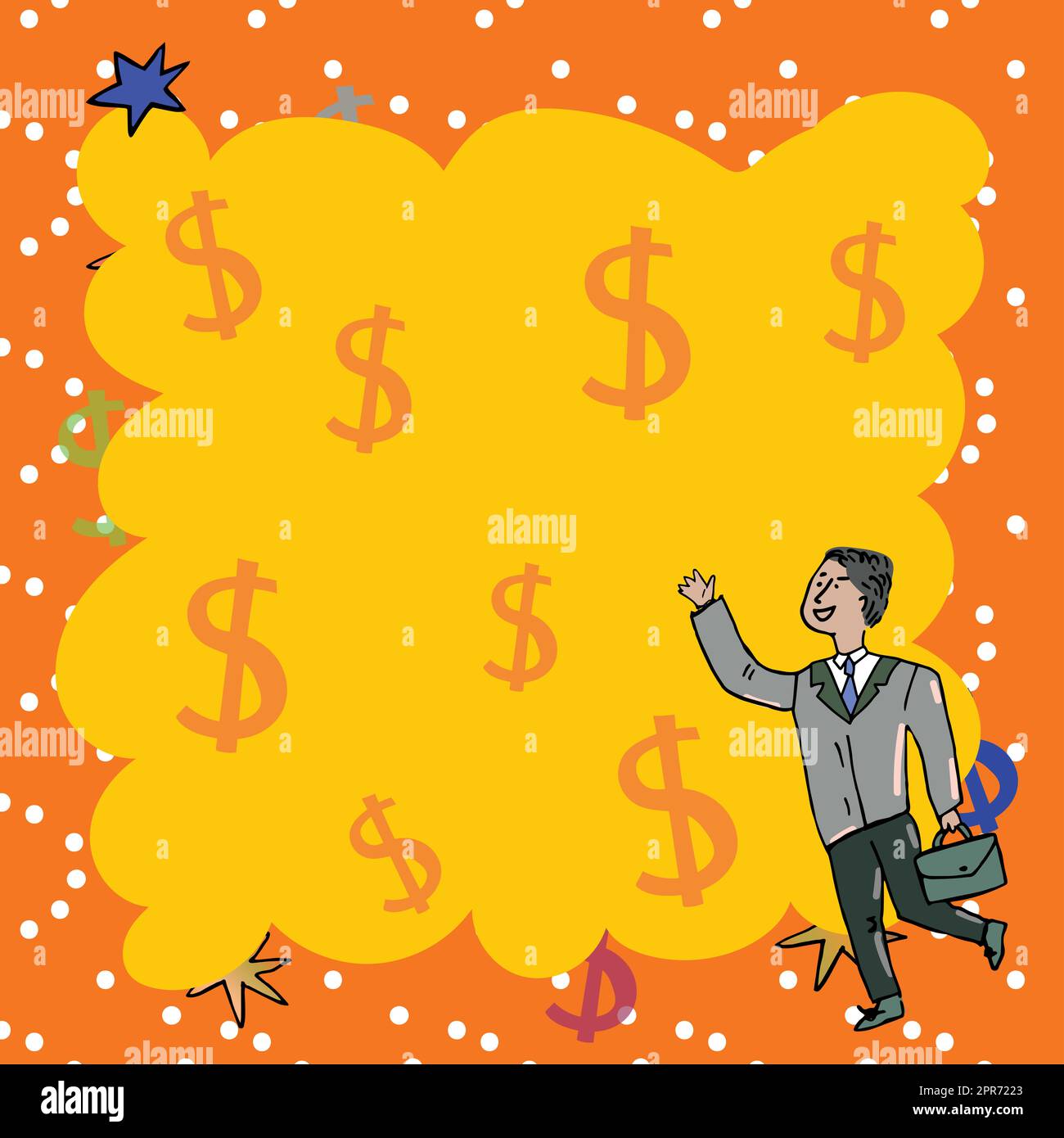 Uomo d'affari con Briefcase che presenta messaggi importanti con segni del dollaro in background. Uomo in tuta pensare Cruial informazioni. Ragionamento esecutivo nuove idee. Foto Stock