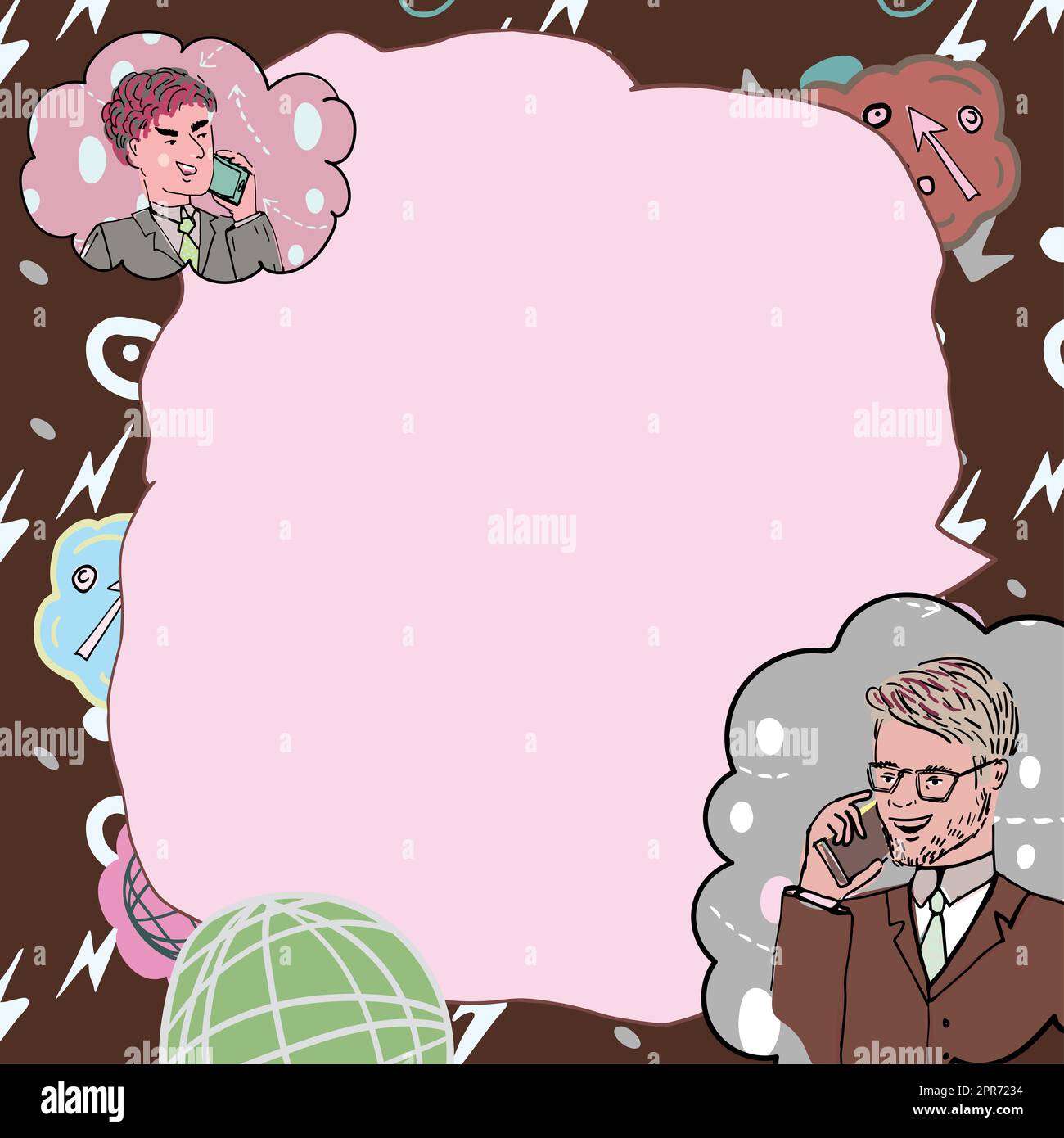 Uomini d'affari che parlano sui telefoni cellulari e presentano idee importanti. Uomini che parlano su cellulari e mostrano le informazioni Cruziali. Dirigenti che visualizzati nuovi dati. Foto Stock