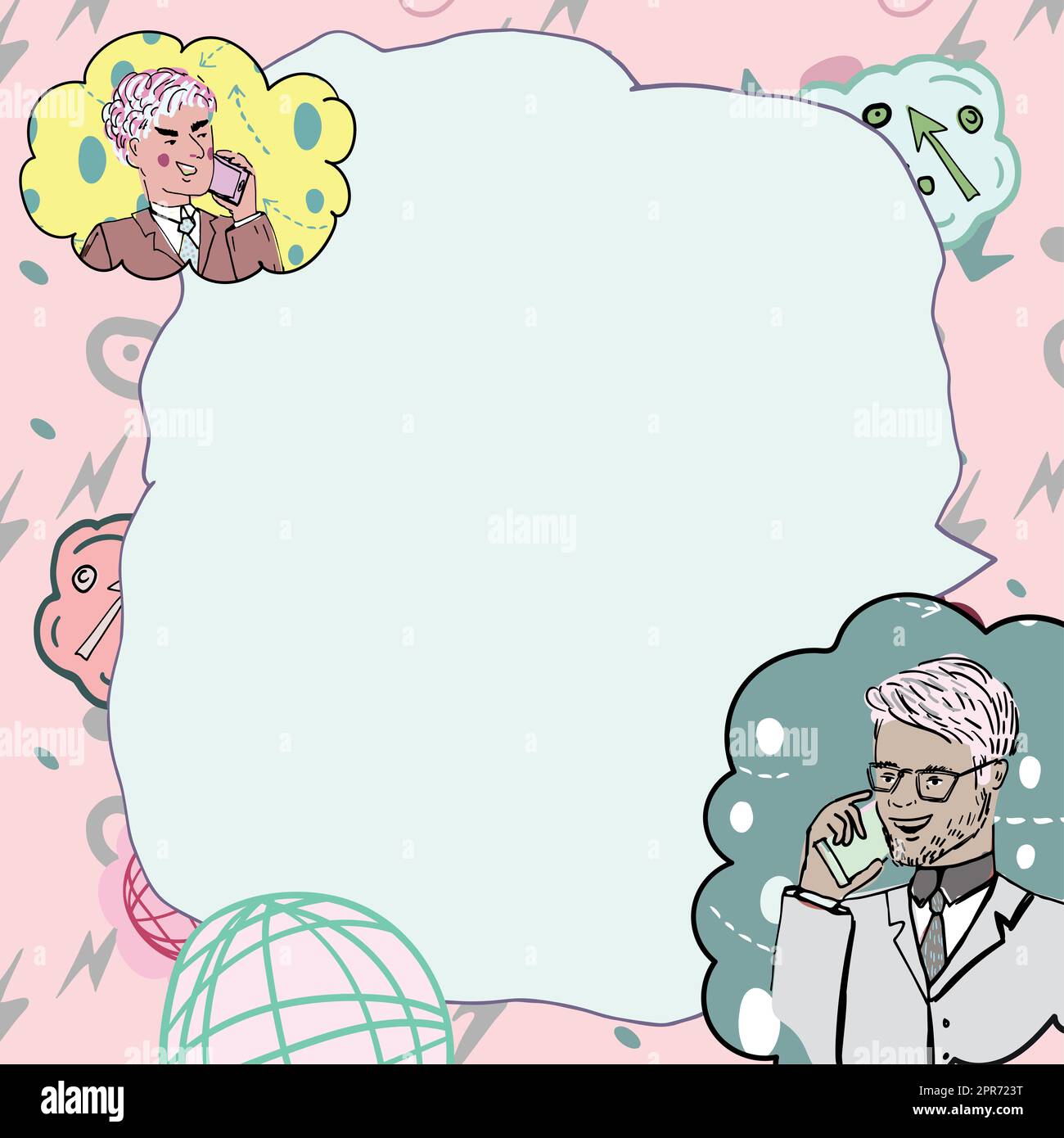 Uomini d'affari che parlano sui telefoni cellulari e presentano idee importanti. Uomini che parlano su cellulari e mostrano le informazioni Cruziali. Dirigenti che visualizzati nuovi dati. Foto Stock