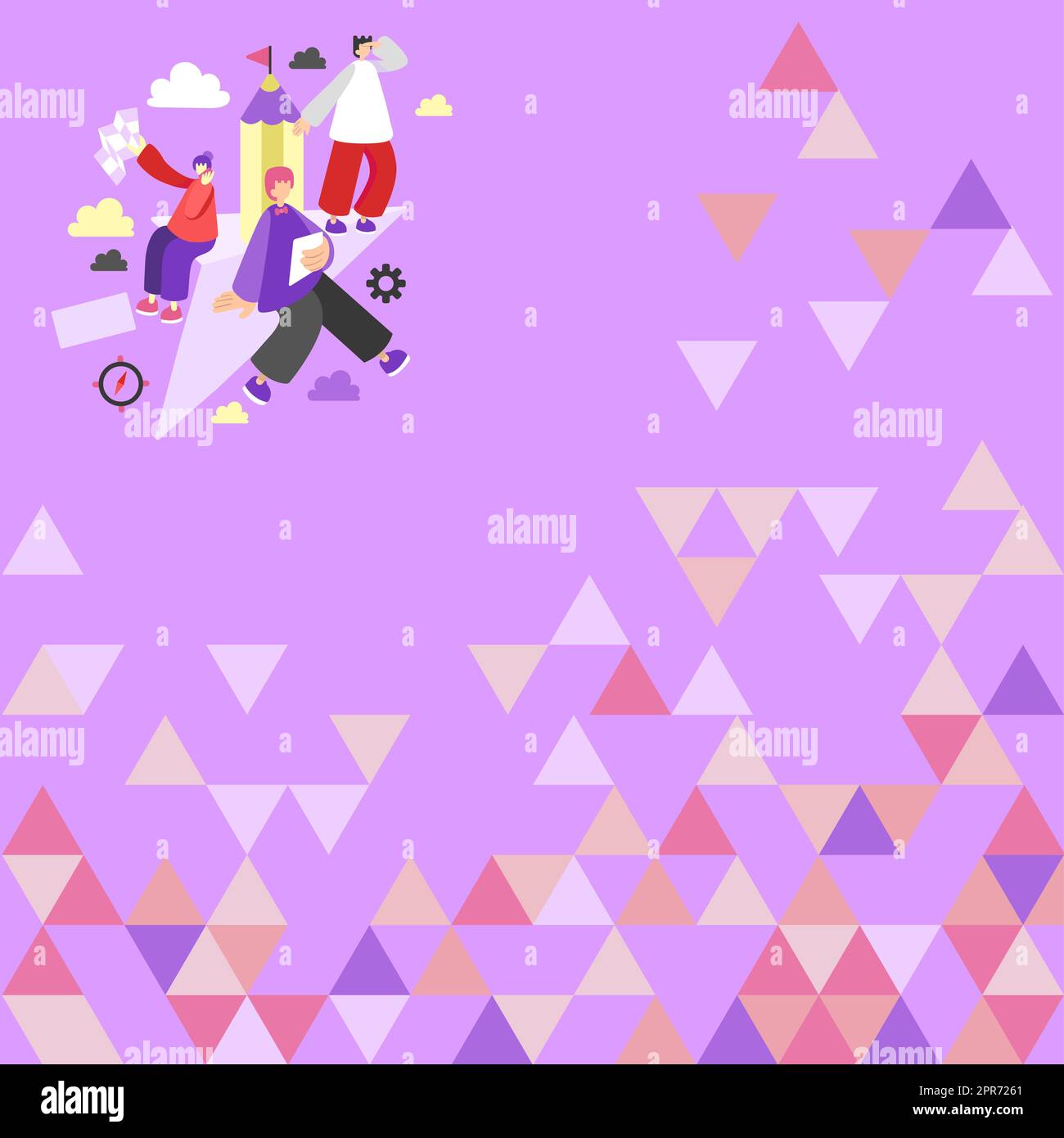 Tre dipendenti che lavorano insieme attività separate nei cloud. Uomini d'affari che svolgono attività diverse nel cielo. I dirigenti finiscono il loro lavoro. Foto Stock