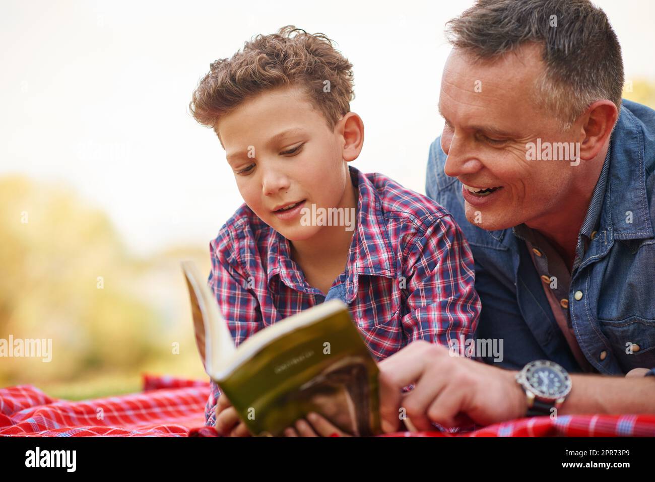 I libri sono regali che puoi aprire più volte. Sparato di un padre e di un figlio leggendo un libro insieme in un parco. Foto Stock