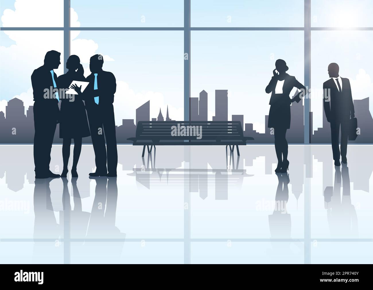 Fare affari nel mondo corporativo. Silhouette di due gruppi di uomini d'affari contro un paesaggio urbano. Foto Stock