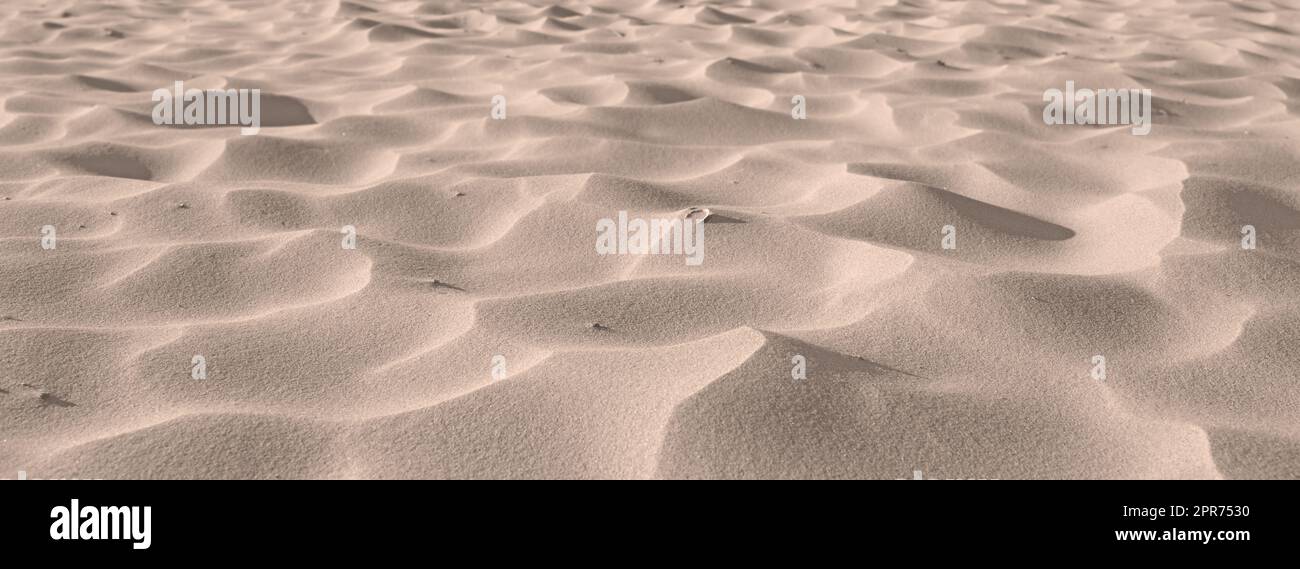 Spiaggia di sabbia dalle dune del deserto lungo la costa in mezzo alla natura, con copyspace in una giornata di sole. Primo piano di un paesaggio panoramico all'aperto con superficie ruvida e ondulata. Un posto tranquillo dove sentirsi zen e rilassarsi Foto Stock
