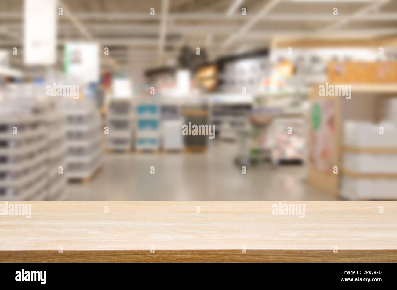 ripiano in legno ripiano prodotto bianco buono sfocatura sfondo shopping mall business display. Foto Stock