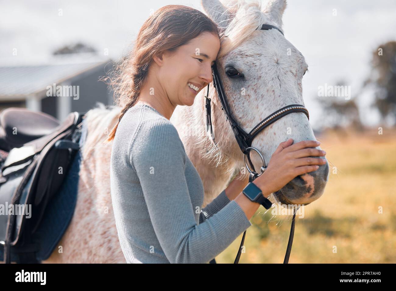 Il legame tra cavallo e cavaliere. Una giovane donna attraente in piedi con il suo cavallo su un ranch. Foto Stock