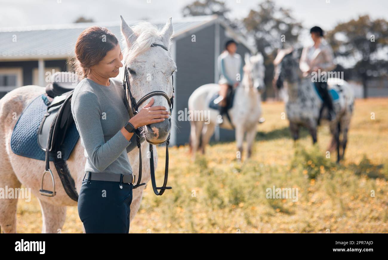 Sei pronta a cavalcare, una giovane donna attraente in piedi con il suo cavallo in un ranch con i suoi amici sullo sfondo. Foto Stock