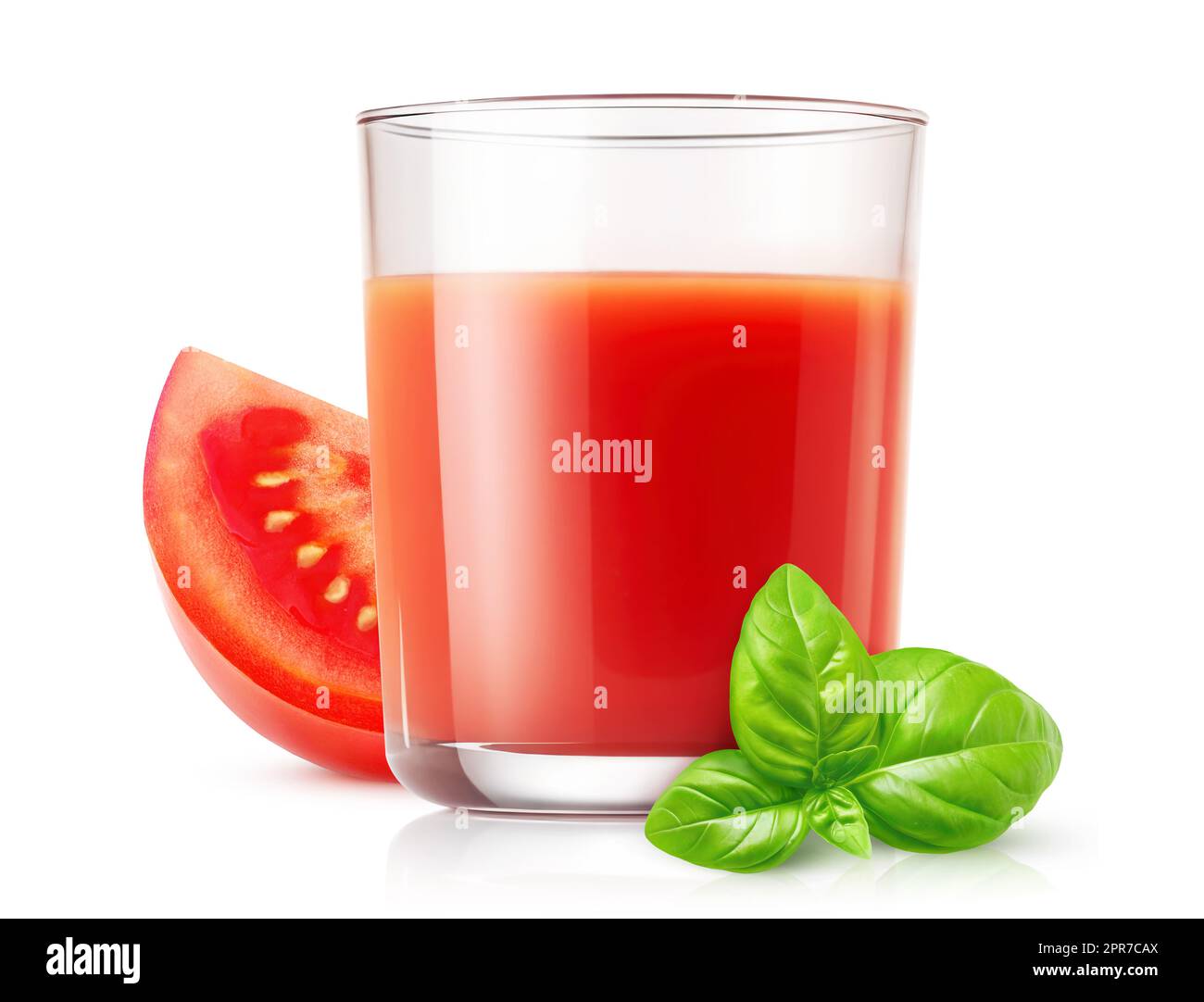 Bicchiere di succo di pomodoro e fetta di pomodoro, isolato su bianco Foto Stock