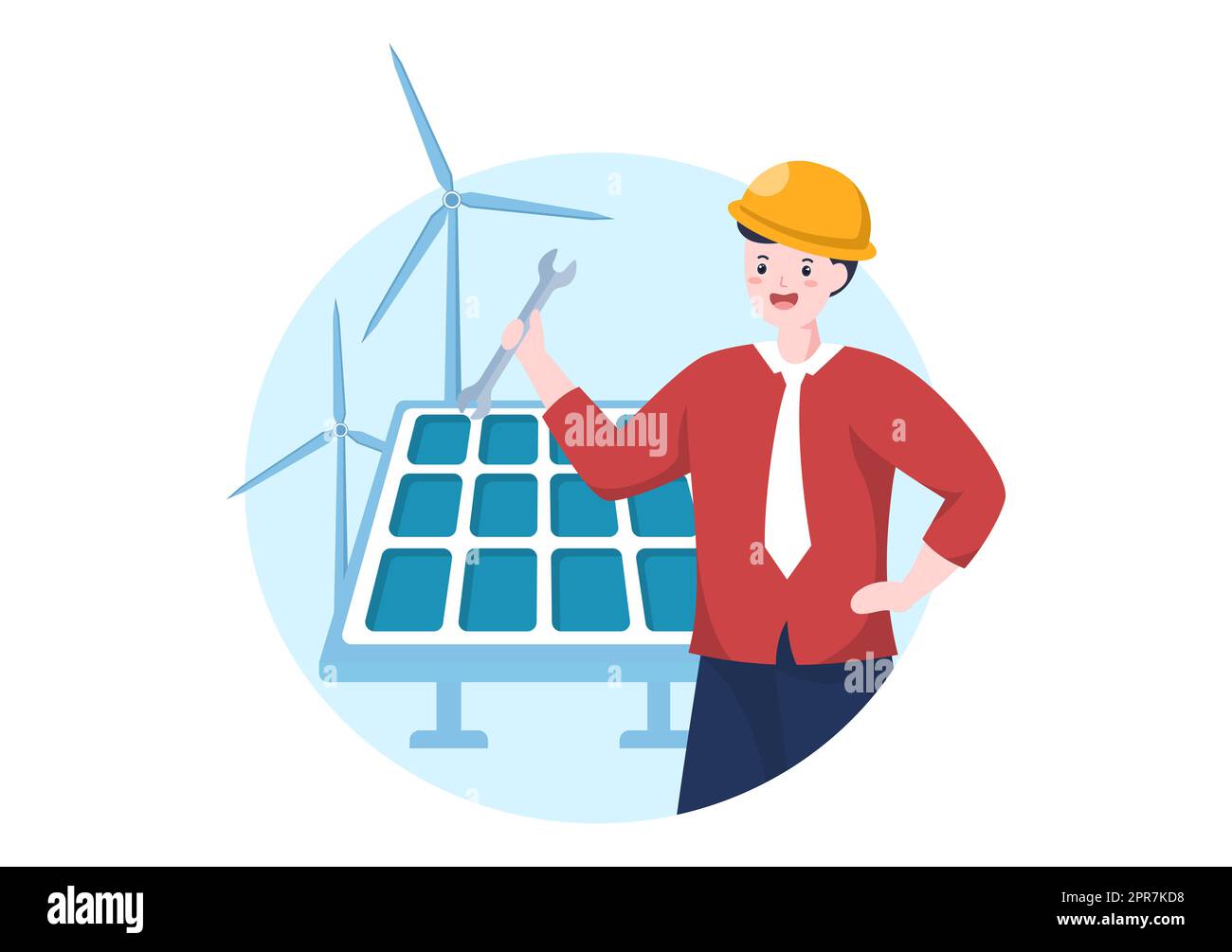 Installazione di energia solare, manutenzione di pannelli o turbine eoliche con il team di Home Service per il funzionamento della rete elettrica in Cartoon Illustrazione Foto Stock