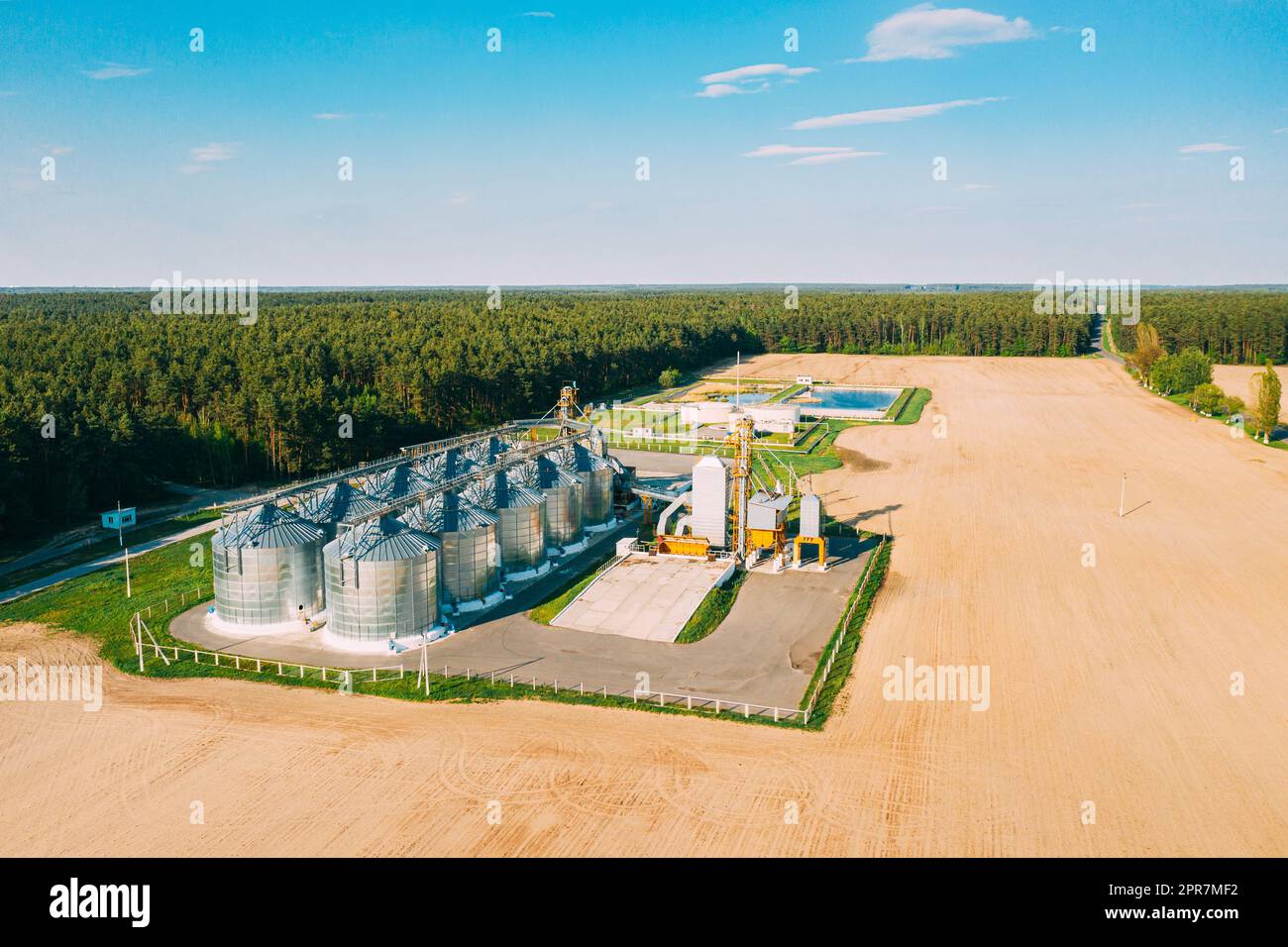 Vista aerea Granaio moderno, complesso di essiccazione dei cereali, cereali commerciali o silos di semi nel paesaggio rurale di Sunny Spring. Essiccatore per mais Silos, Inland Grain Terminal, elevatori per cereali in piedi in Un campo Foto Stock