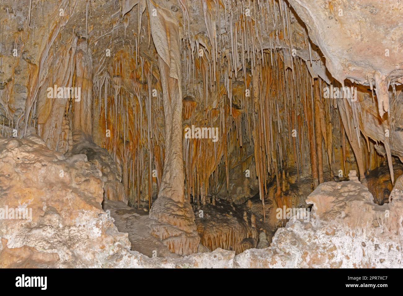 Una pletora di Stalagtites in una Cavern Room Foto Stock