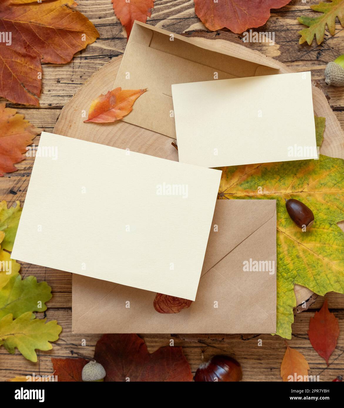 Carte tra foglie autunnali colorate e frutti di bosco su un tavolo in legno, mockup rustico Foto Stock