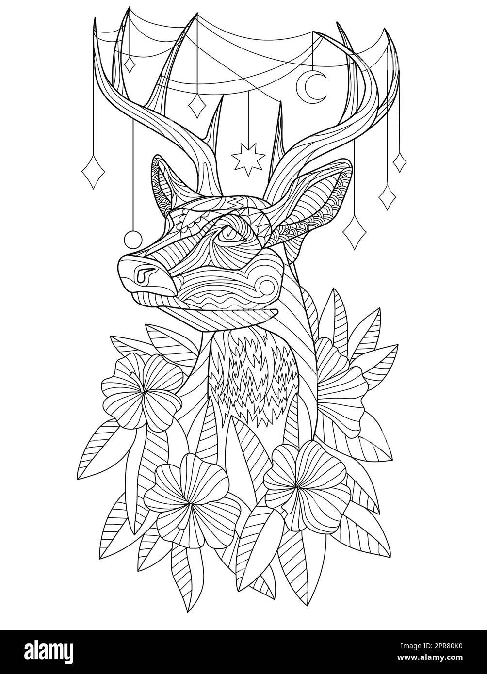 Pagina da colorare con cervo con decorazioni su corni e fiori intorno. Foto Stock