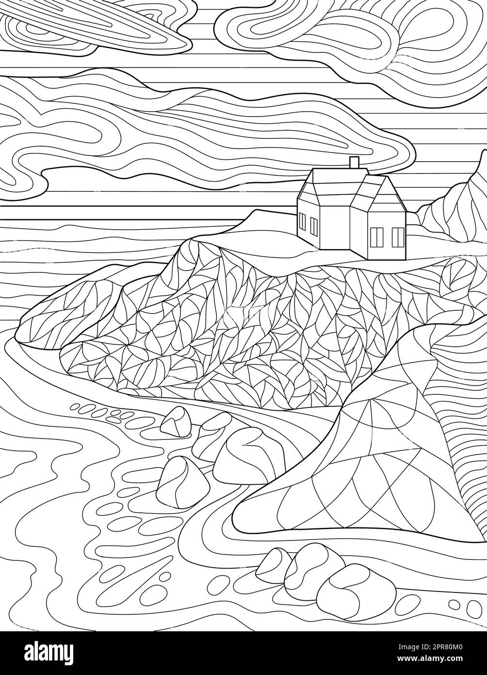 Pagina da colorare con Casa dettagliata su collina, nuvole, rocce e oceano. Foto Stock