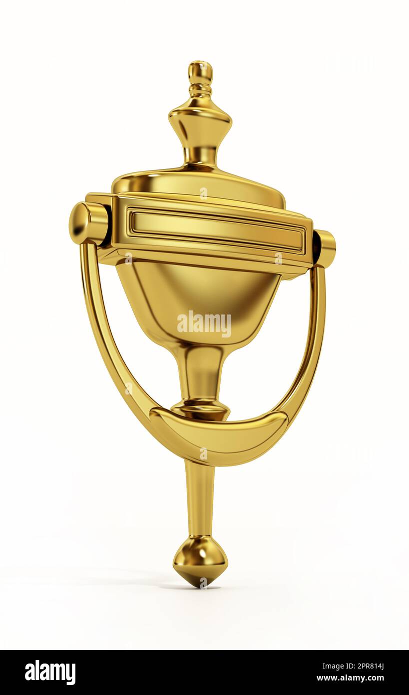 Golden Door knocker isolati su sfondo bianco. 3D'illustrazione. Foto Stock