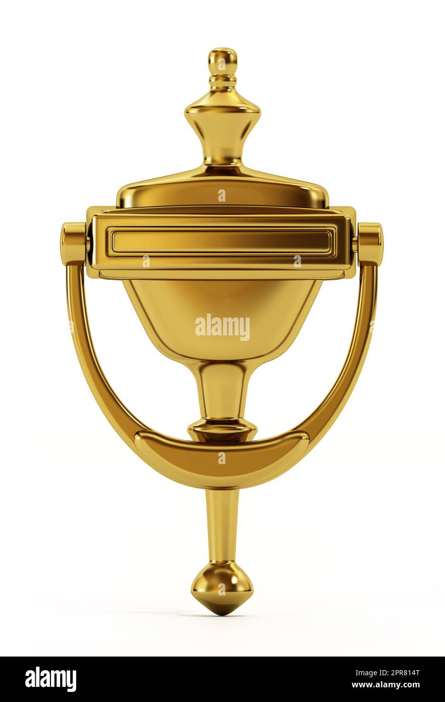 Golden Door knocker isolati su sfondo bianco. 3D'illustrazione. Foto Stock