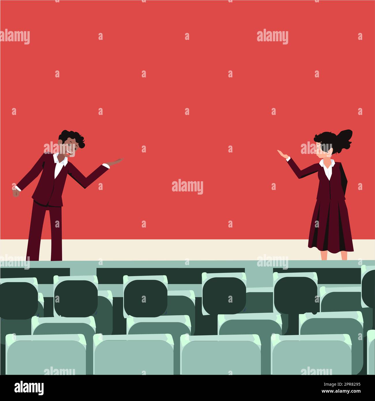 I leader aziendali professionisti che indossano abiti formali parlano. Modello di ruolo colleghi fase di orientamento di pubblico parlare. Fase di dibattito maschile e femminile. Illustrazione Vettoriale