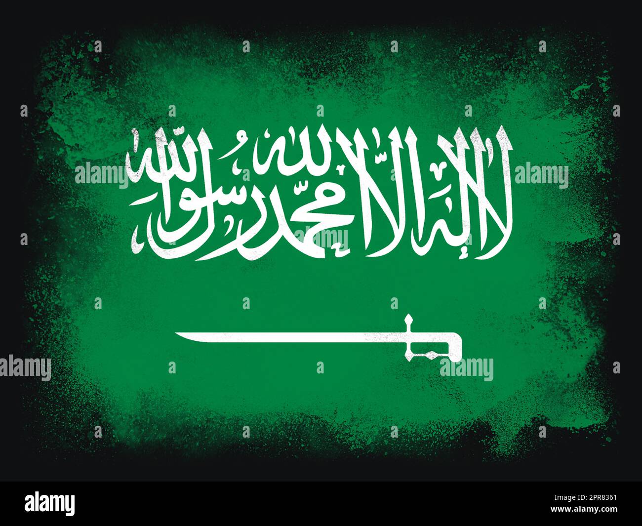 Progettazione della bandiera dell'Arabia Saudita composizione di polvere e vernice esplosiva, isolata su sfondo nero per spazio di copia. Esplosione di particelle di polvere astratte colorate. Simbolo per la stampa della Coppa del mondo di calcio 2022 Foto Stock