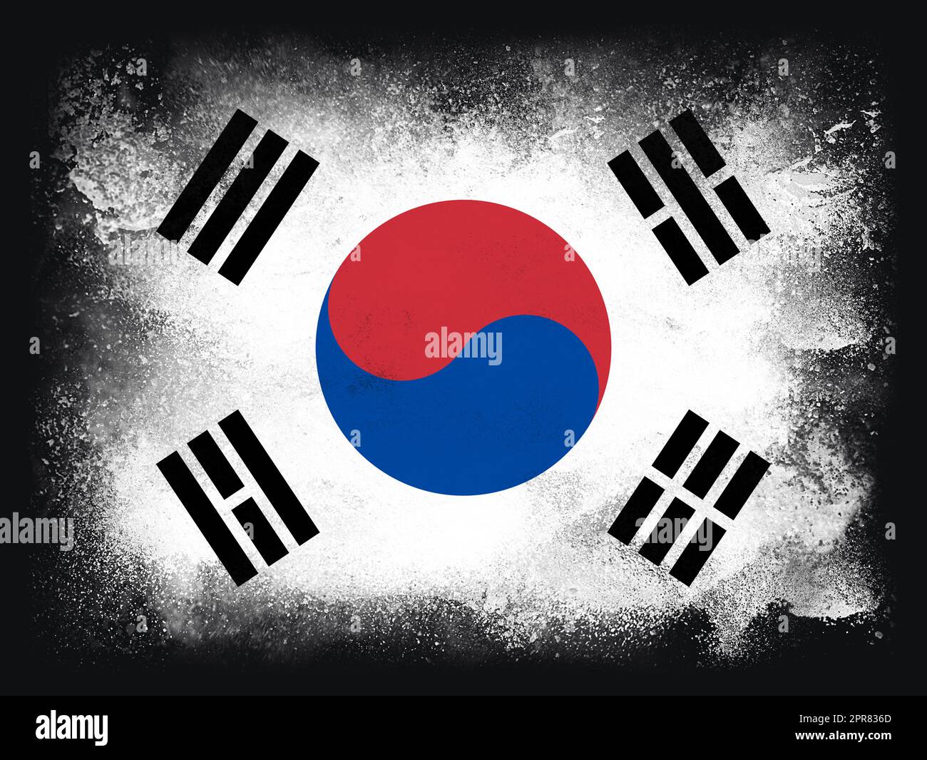 Bandiera della Repubblica del Sud Corea composizione di polvere e vernice esplosiva, isolato su sfondo nero per spazio di copia. Simbolo della Coppa del mondo di calcio 2022, design astratto per la stampa Foto Stock
