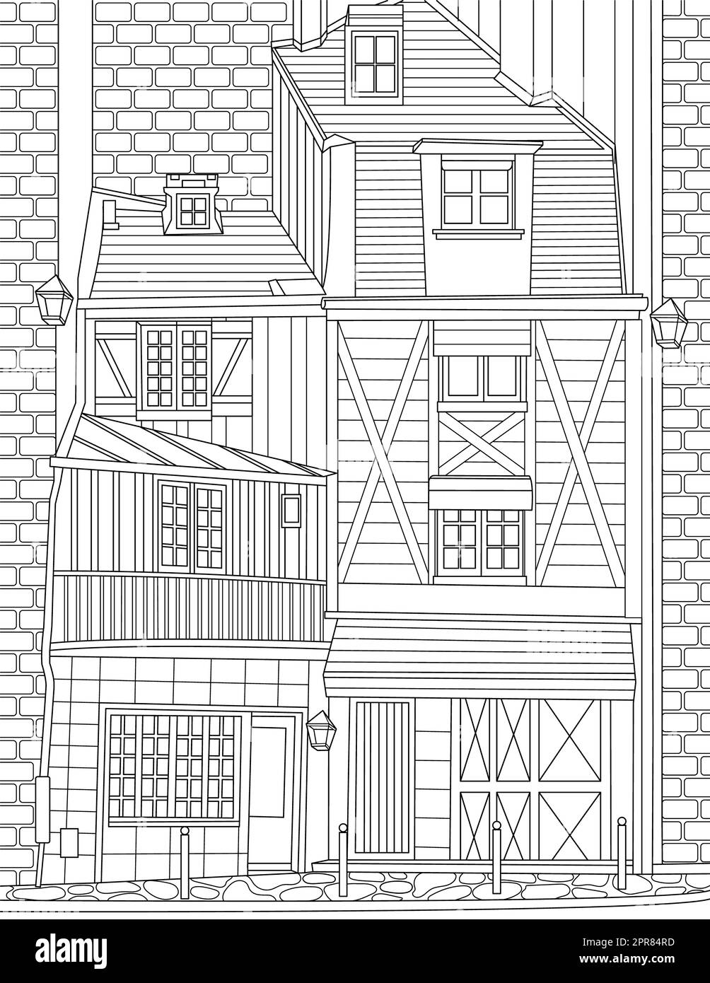 Colorazione pagina con grande, vecchia casa di legno con Lanterne intorno. Foto Stock