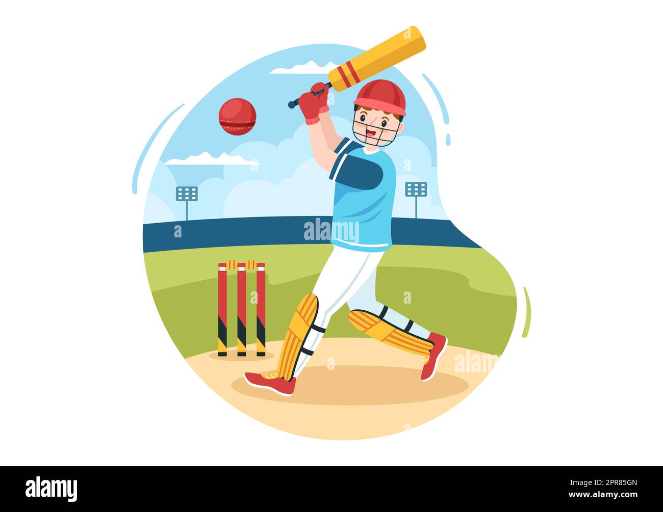 Battitore che gioca a Cricket Sport con palla e bastone in Flat Cartoon campo sfondo Illustrazione Foto Stock