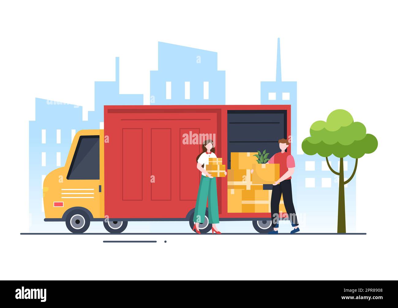 Trasporto di autocarro Illustrazione del cartoon con i servizi di consegna del carico o scatola di cartone inviata al consumatore in disegno di stile piatto Foto Stock