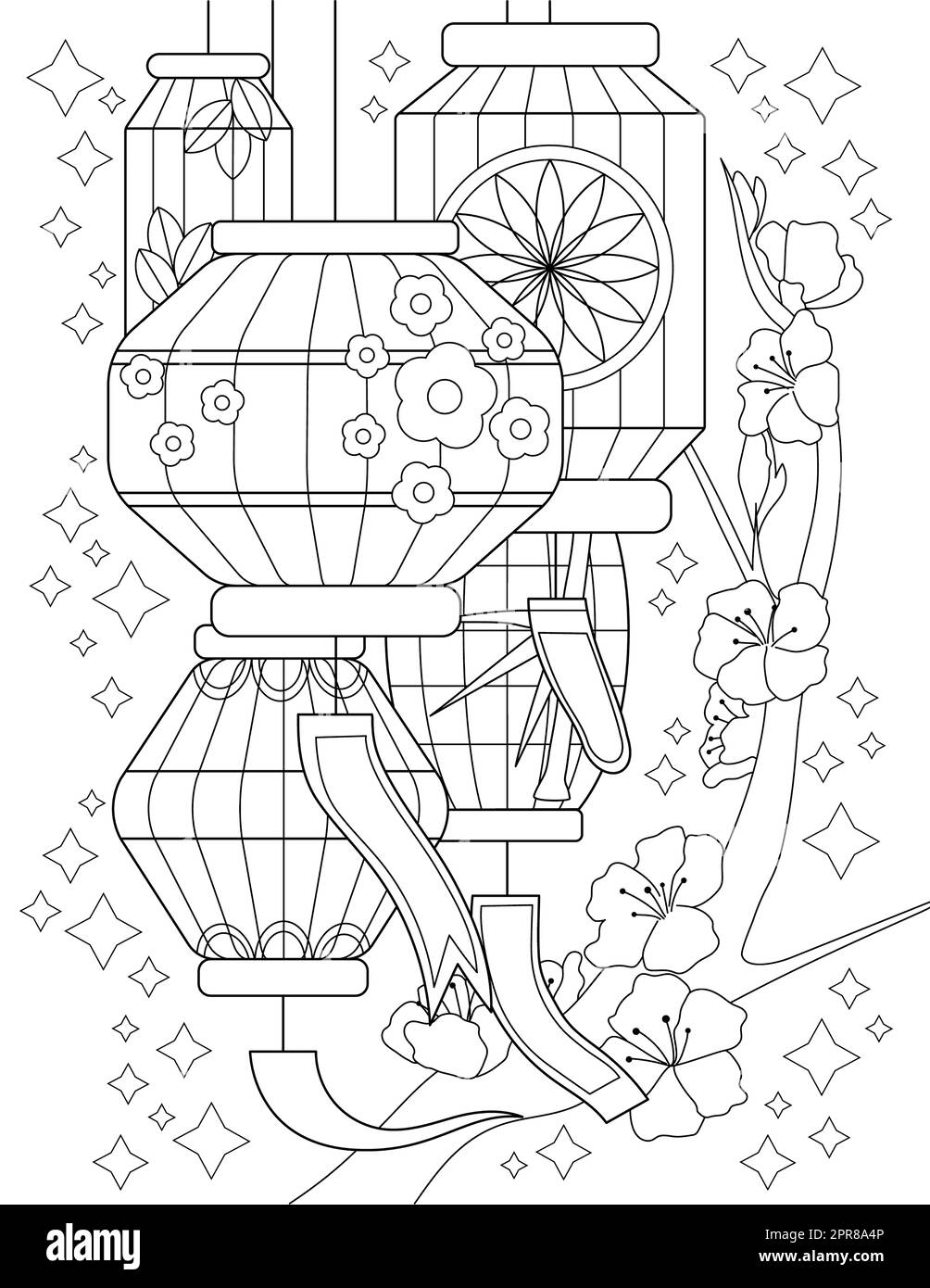 Pagina da colorare con Lanterne diverse appeso su albero con fiori. Foto Stock