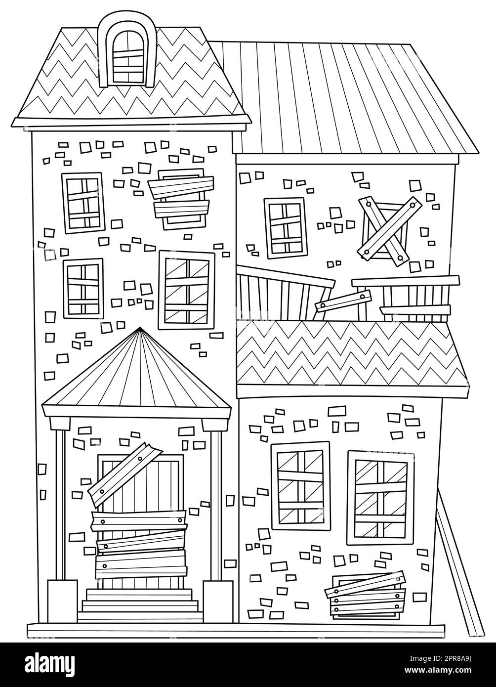 Colorazione pagina con Old House con tavole inchiodate sopra porta e finestre. Foto Stock