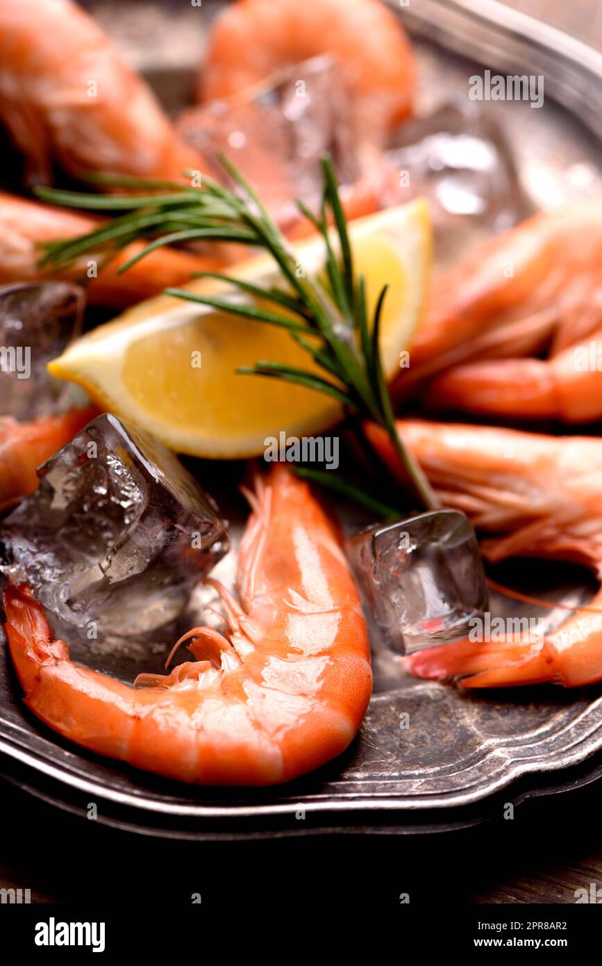 Gamberetti freschi su ghiaccio Foto Stock