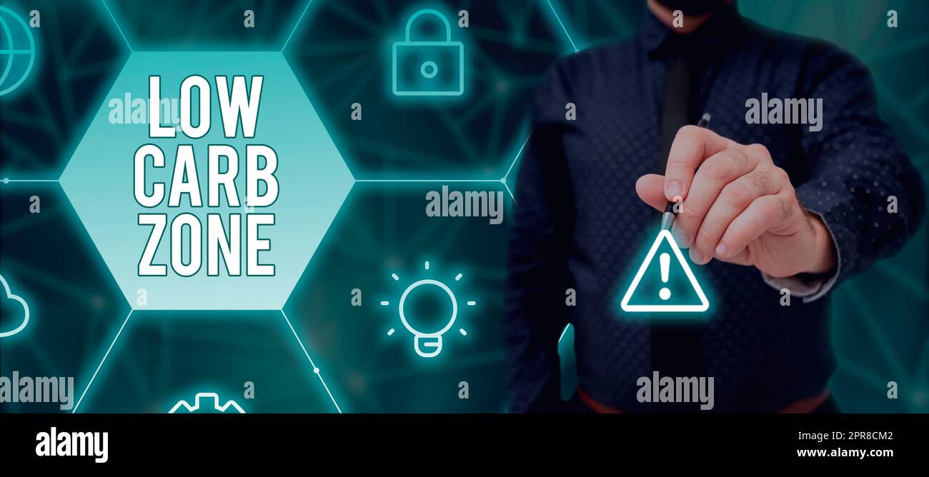 Ispirazione che mostra il segno Low Carb zone. Parola scritta su dieta sana per perdere peso mangiare più proteine uomo d'affari senza zucchero in vestito tenendo tablet simboleggiando il lavoro di squadra di successo. Foto Stock