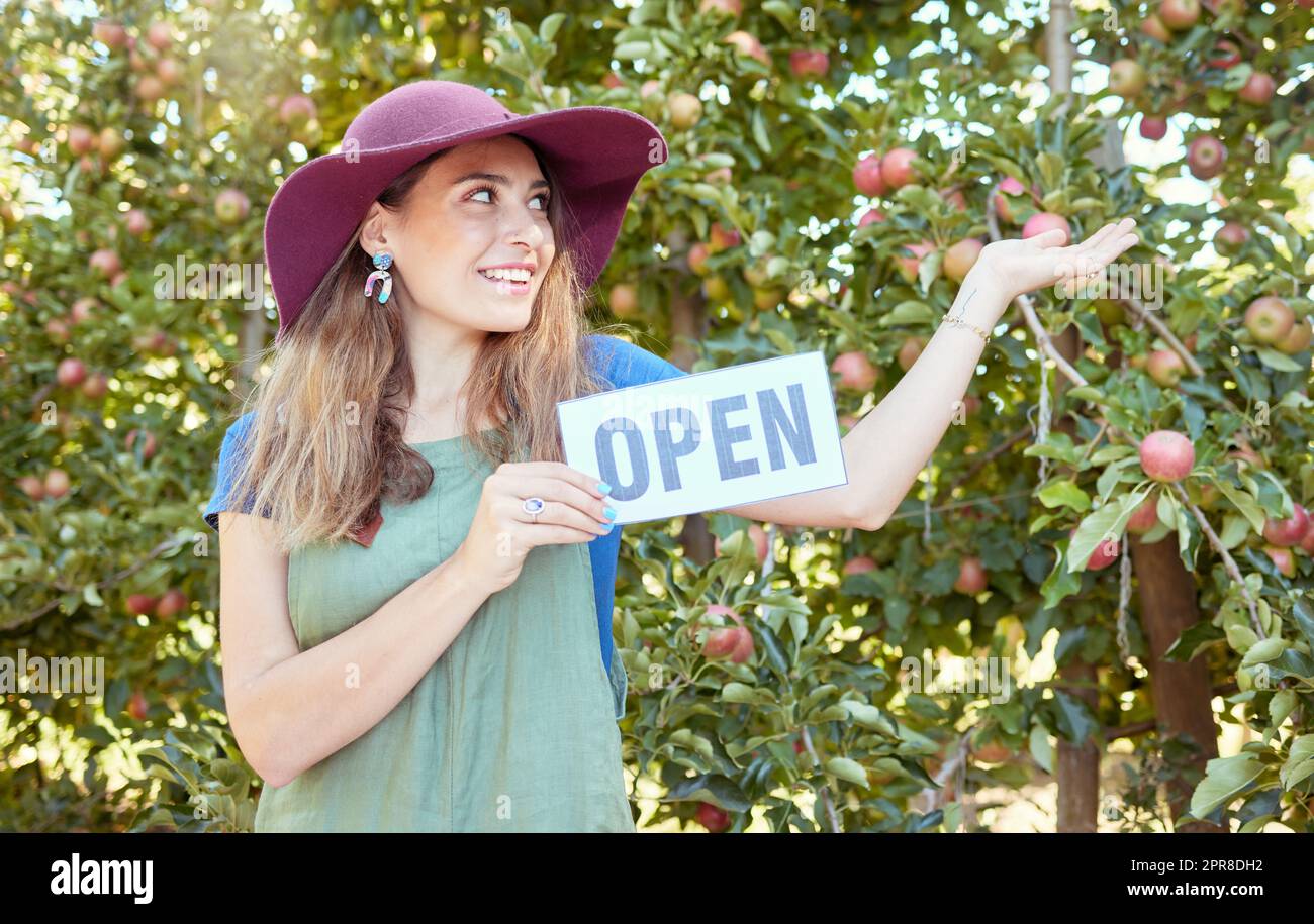 Una donna felice con un cartello aperto per pubblicizzare la stagione di raccolta delle mele in una fattoria di frutteto sostenibile all'aperto in una giornata di sole. Allegro agricoltore che indica gli alberi per la raccolta di frutta biologica succosa e nutriente Foto Stock