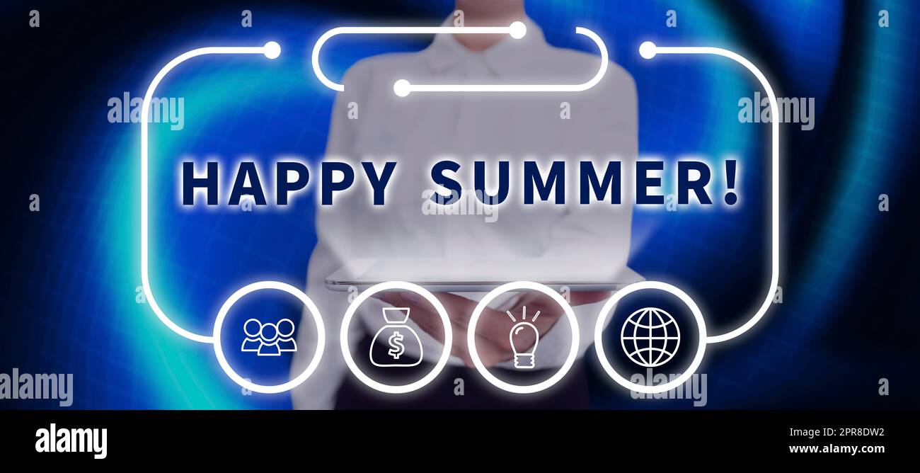 Scritta a mano Happy Summer. Concetto che significa spiagge Sunshine relax caldo Sunny Season solstizia donna d'affari con Un tablet con display digitale di S e dati. Foto Stock