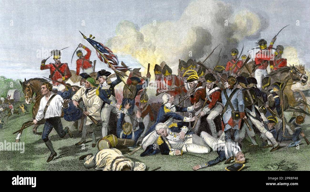BATTAGLIA DI CAMDEN 16 agosto 1780 durante la guerra rivoluzionaria americana che mostra la morte di Johann de Kalb, un grande generale francese che combatte per gli americani. Foto Stock
