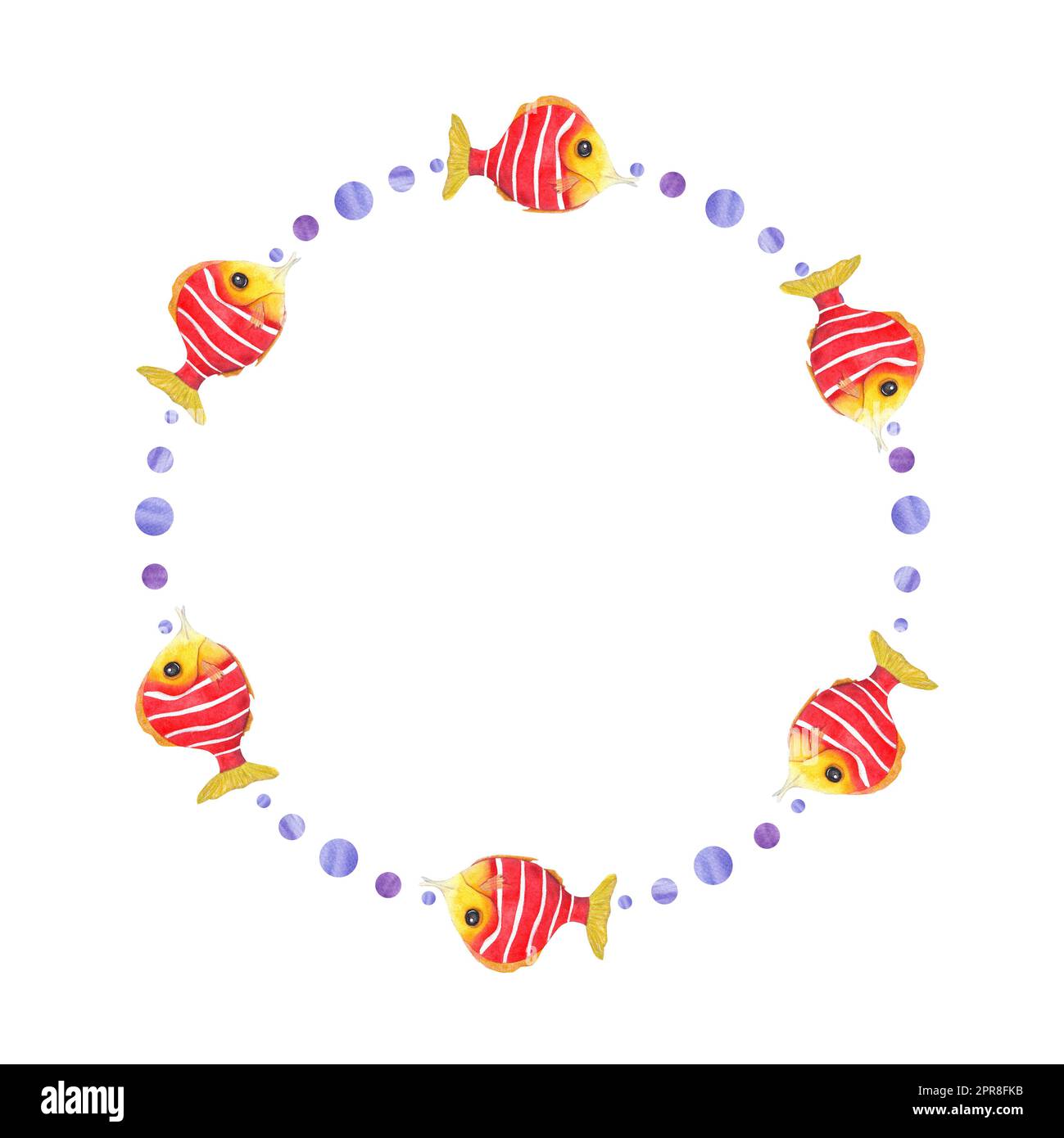 Cornice acquerello con graziosi pesci cartoni isolati su sfondo bianco. Illustrazione per sfondo, stampa, scrapbooking, cartolina design, diverso in Foto Stock