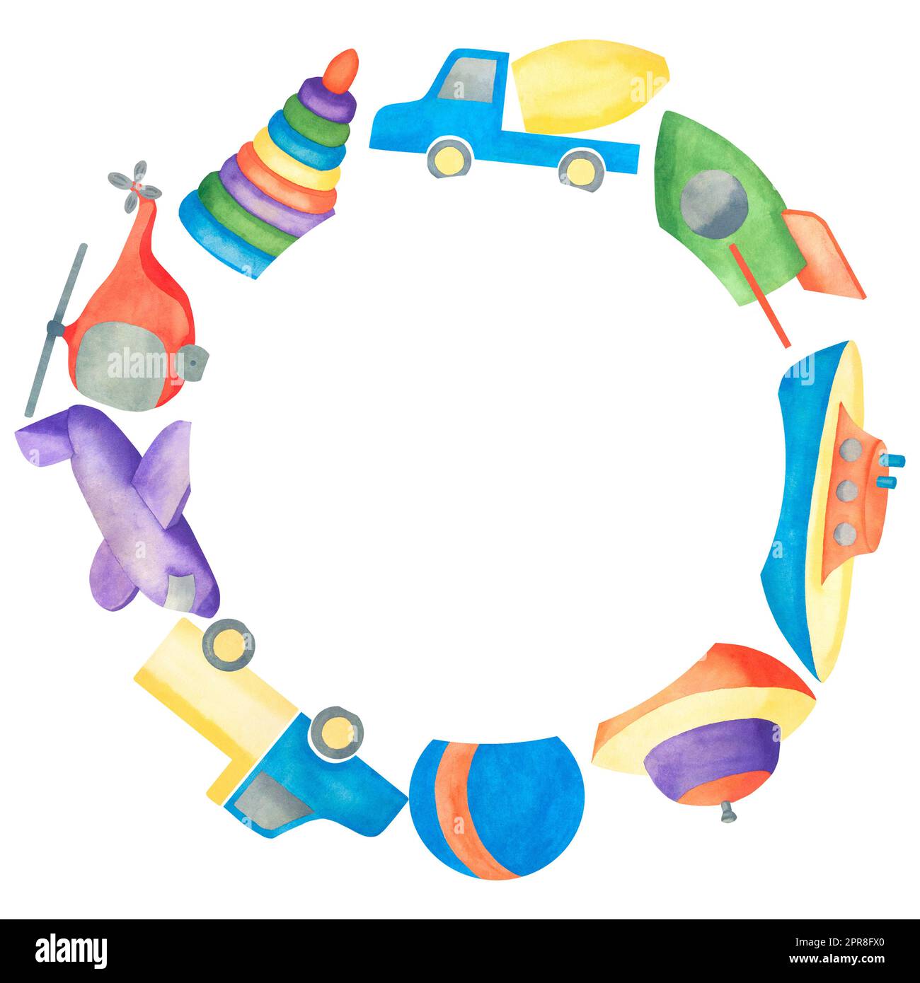 Struttura rotonda in giocattoli acquerelli. Illustrazione acquerello. Sfondo bianco Foto Stock