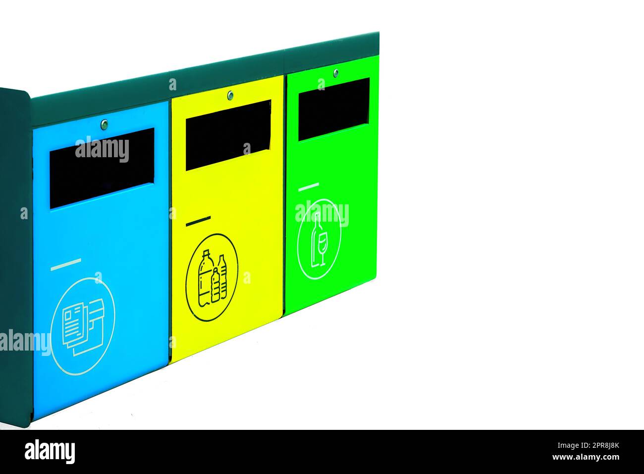 Rifiuti contenitori, mantenere il vostro pianeta Terra pulito isolato Foto Stock