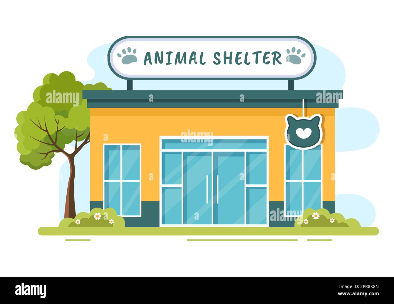 Animale Shelter House Cartoon Illustrazione contenente animali per l'adozione in Flat disegno a mano stile Foto Stock