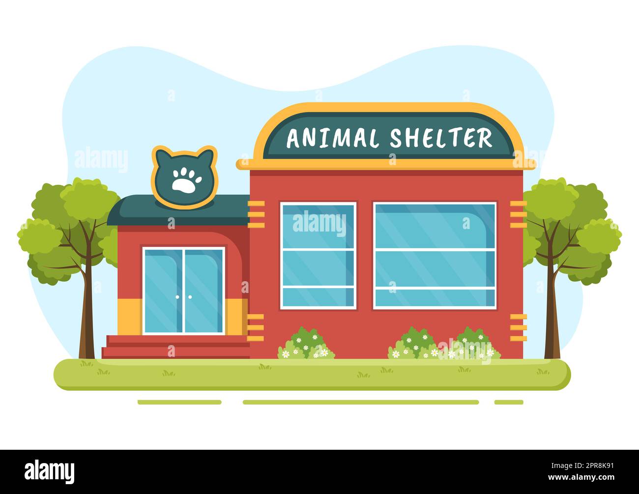 Animale Shelter House Cartoon Illustrazione contenente animali per l'adozione in Flat disegno a mano stile Foto Stock