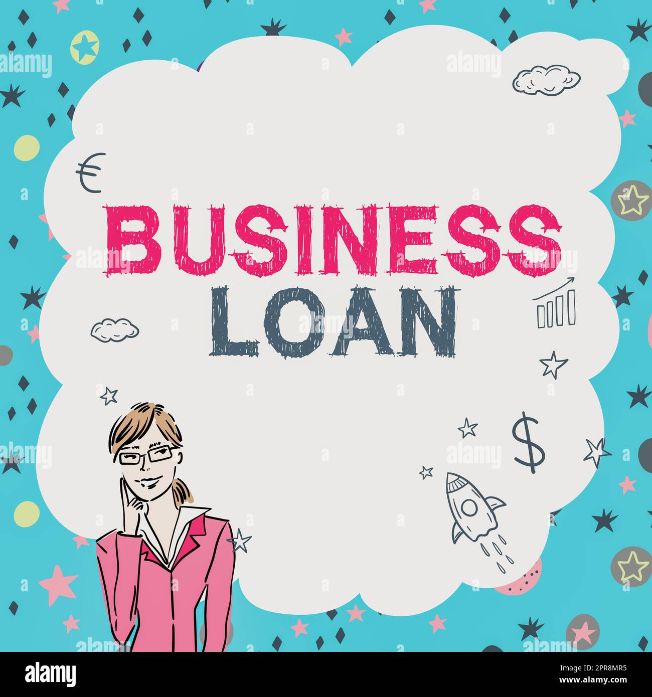 Ispirazione che mostra il segno Business Loan. Word Written on Credit Mortgage Financial Assistance Cash Advances Debt Illustration of Lady Thinking Foot Alone for New Amazing Tactical Ideas. Foto Stock