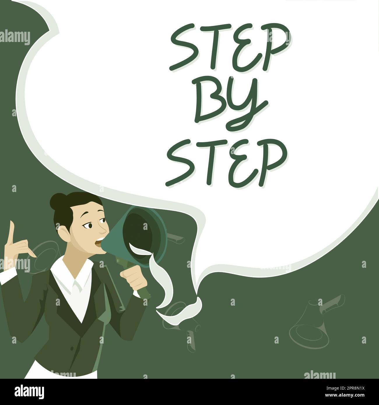 Testo che mostra l'ispirazione passo per passo. Panoramica aziendale progresso lento strada verso il successo direzione sviluppo crescita leader femminile che tiene un megafono che esprime idee incoraggianti. Foto Stock