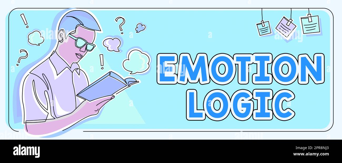 Testo che mostra Inspiration Emotion Logic. Concetto che significa cuore o cervello anima o intelligenza confusione equilibrio uguale uomo studiando libro imparare nuove strategie aziendali per raggiungere gli obiettivi. Foto Stock