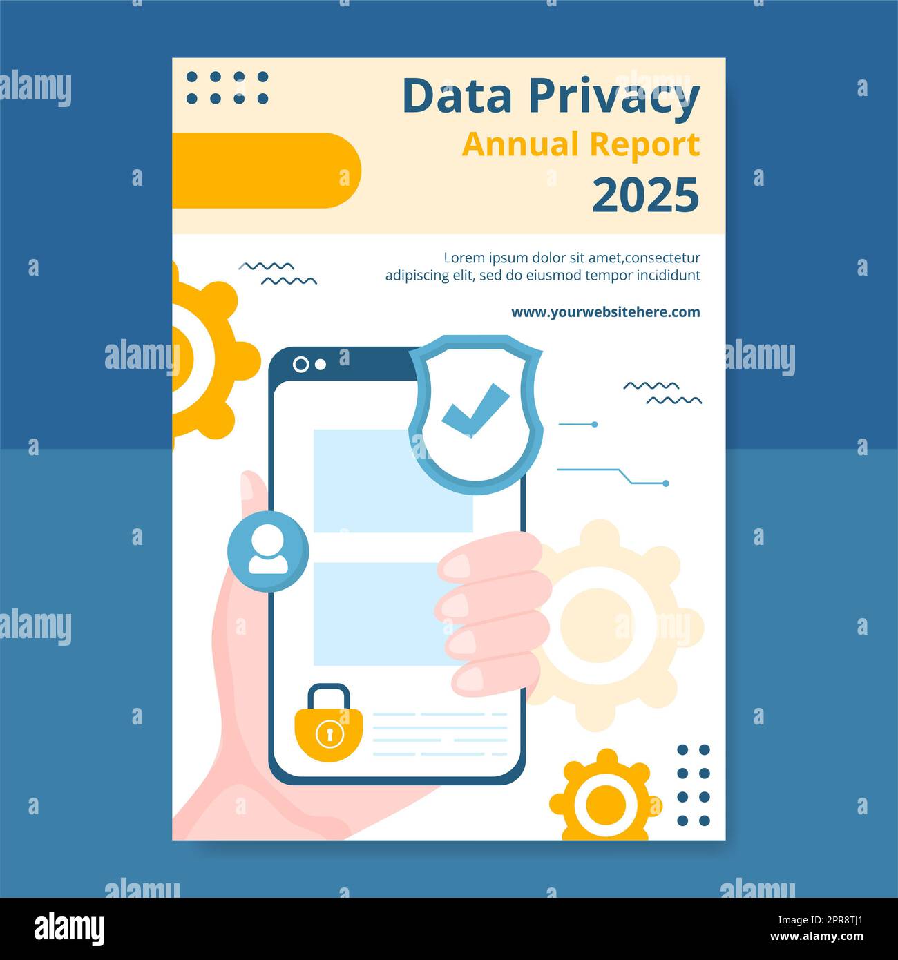 Privacy dei dati modello di rapporto annuale Cartoon Flat background Illustrazione vettoriale Foto Stock