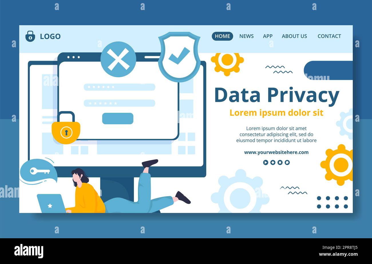 Data Privacy Social Media Landing Page Template Flat Cartoon background Vector Illustration Foto Stock